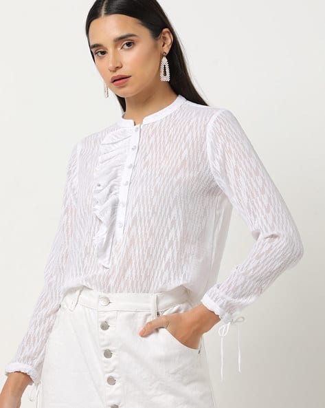 Sheer Slim Fit Shirt with Band Collar (Image - 1)