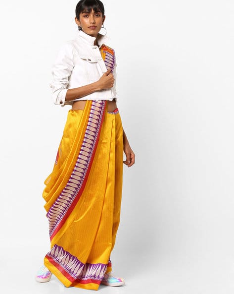 Chevron Print Saree With Contrast Border By Florence ( Yellow )
