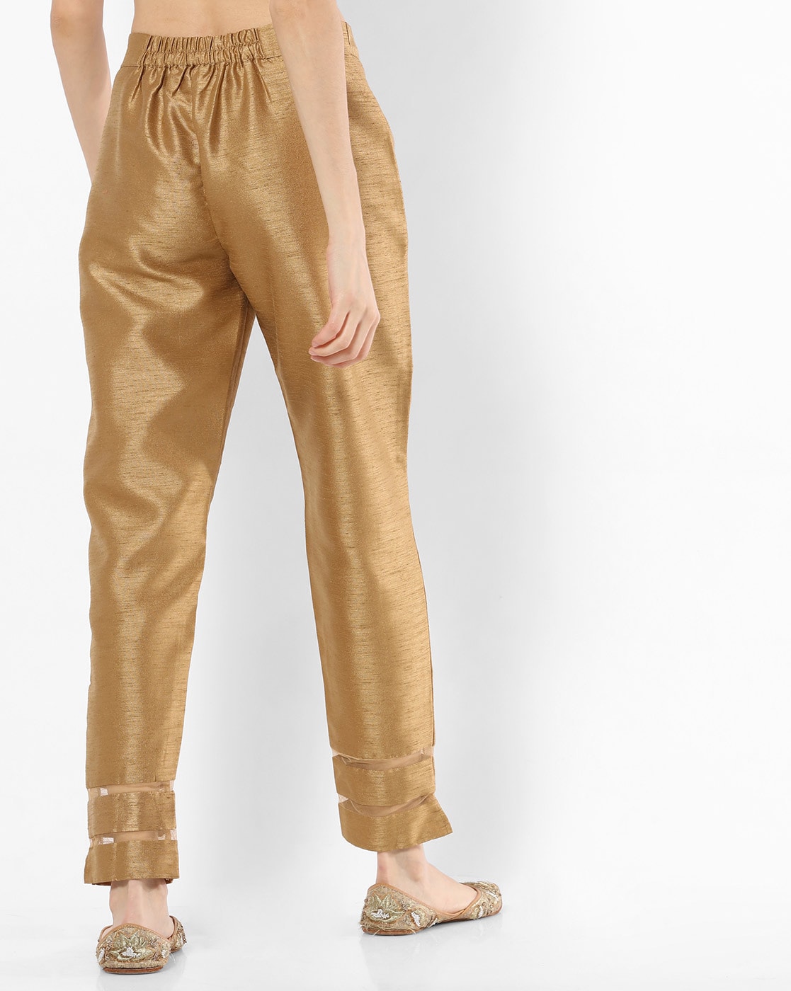 Womens Gold Polyester Solid Trousers