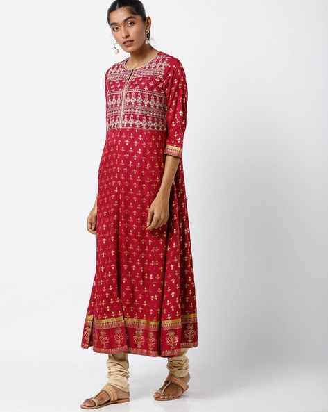 Floral Print A-line Kurta with Embroidered Yoke