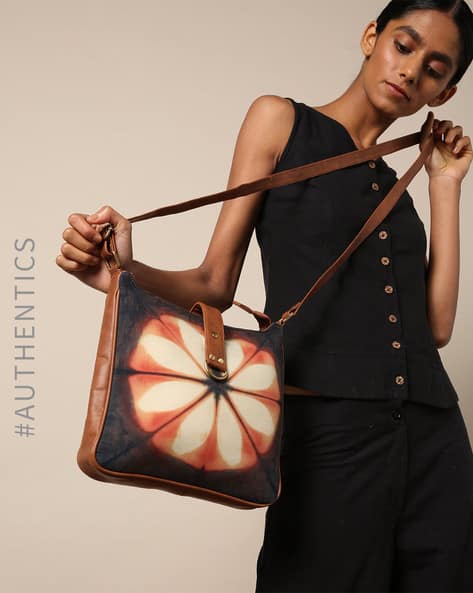 Hand Tie-Dye Shibori Vegan Leather Sling Bag By A BIG INDIAN STORY ( Tan )