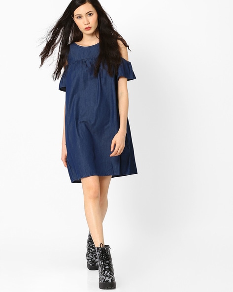 Plus Contrast Lace Cold Shoulder Denim Dress | SHEIN IN