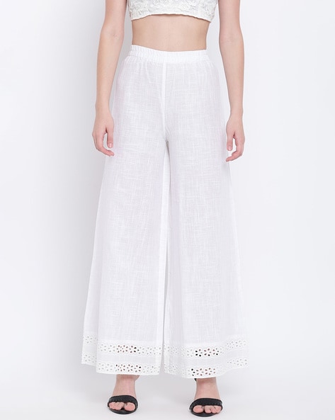 Buy online White Solid Relaxed Fit Straight Laced Hem Palazzo from