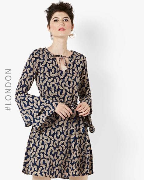 Leaf Print A-line Dress With Keyhole Tie-Up By MELA LONDON ( Beige )
