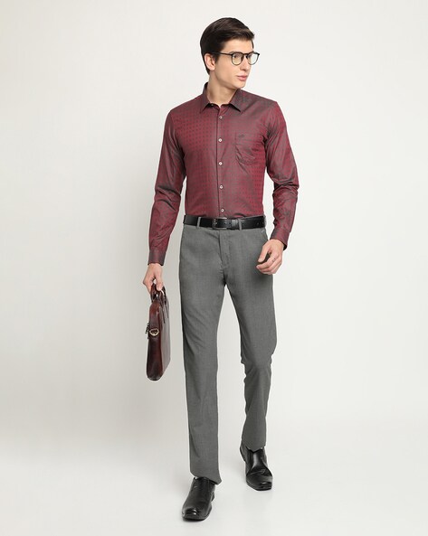 Burgundy Vertical Striped Long Sleeve Shirt with Grey Pants Outfits For Men  (4 ideas & outfits) | Lookastic