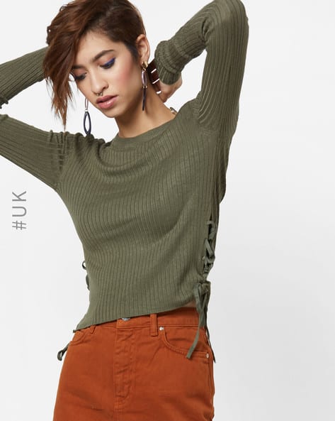 Ribbed Pullover With Side Lace-Ups By BRAVE SOUL ( Khaki )