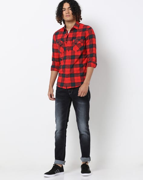 Slim Fit Checked Shirt with Button Flap Pockets (Image - 3)