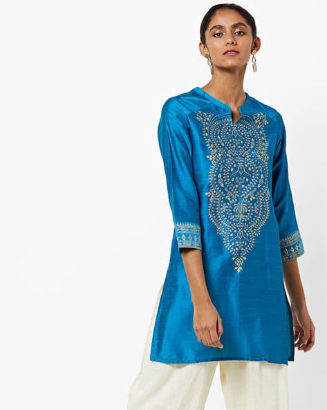 Foil Print Straight Tunic With Mandarin Collar By Global Desi ( Blue )