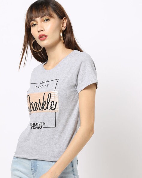 Sequin-Embellished Typographic Print Crew-Neck T-shirt