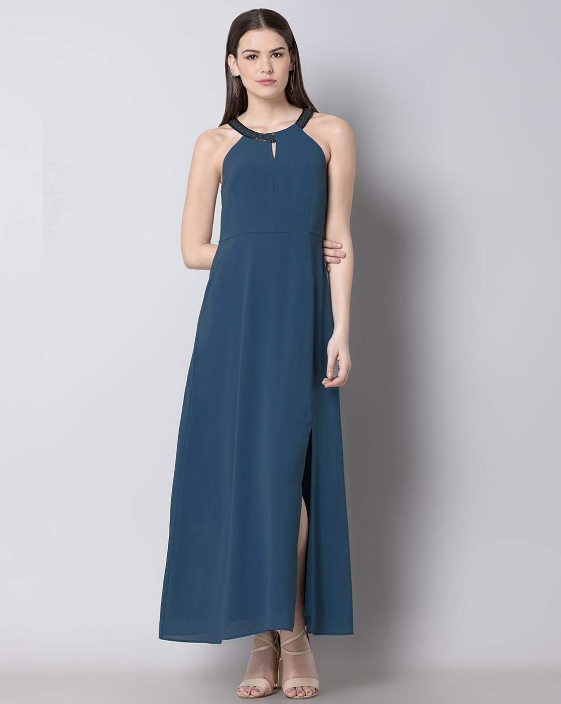 FabAlley maxi_dresses_women_westernwear : Buy FabAlley Green Halter Neck  Embellished Maxi Dress Online