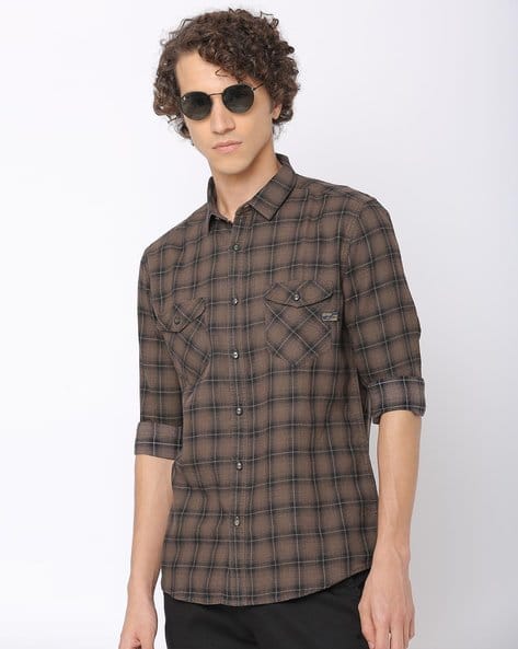 Checked Slim Fit Shirt with Flap Pockets