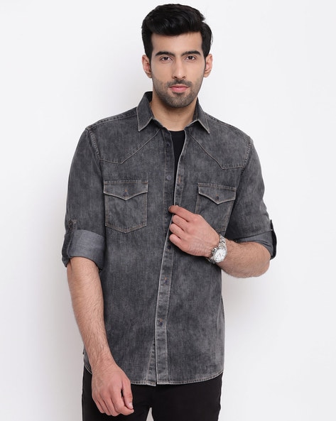Men Washed Double Flap Pocket Spread Collar Navy Thread Casual Denim Shirt(7)  : Amazon.in: Clothing & Accessories