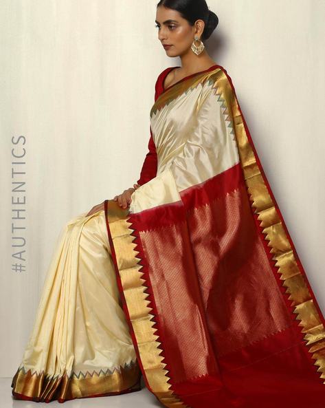 off white saree with maroon border