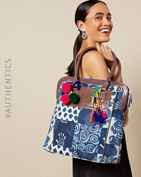 Handblock Indigo Print Shoulder Bag With Tassel Patch Work By Threadcasa ( Indigo )