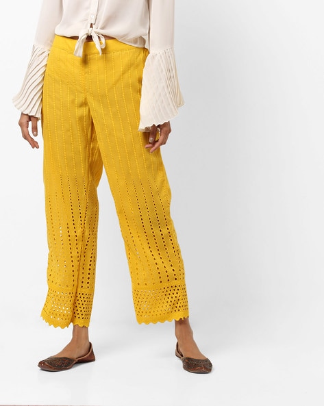 Women Mustard Schiffli Crop Shirt With Wide Leg Pants