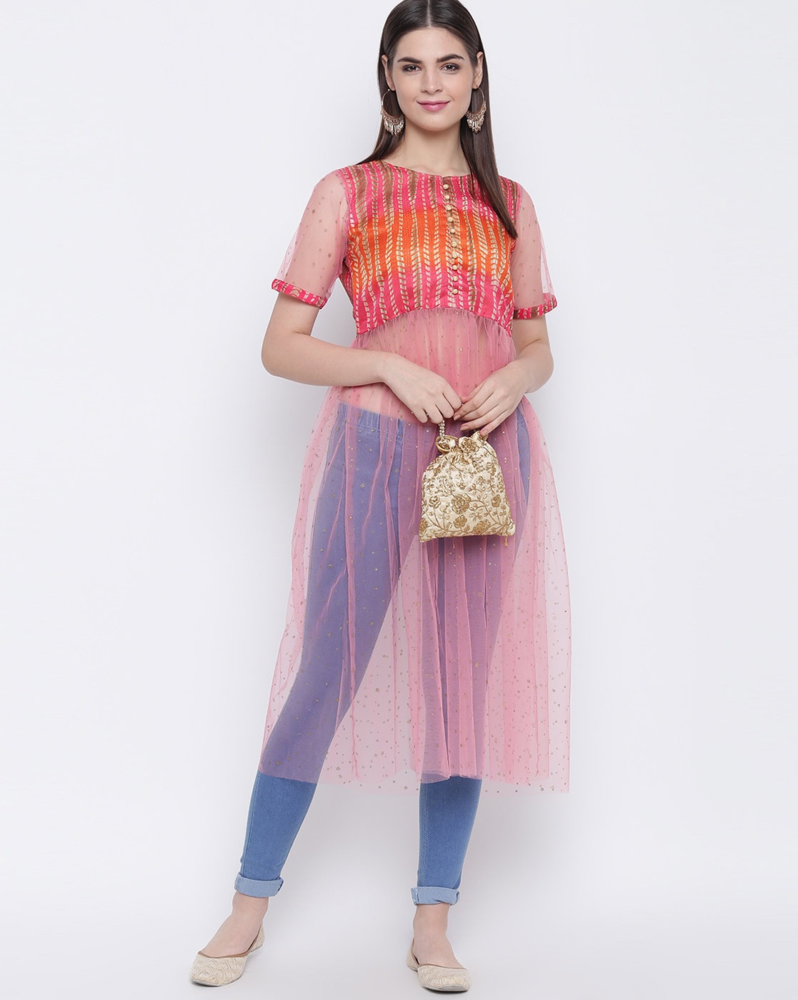 Pink Jewel Design Kurti with Designer Pants and Net Sequins Dupatta –  anokherang
