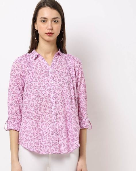 DNMX Pink Floral Print Shirt with Pintucks