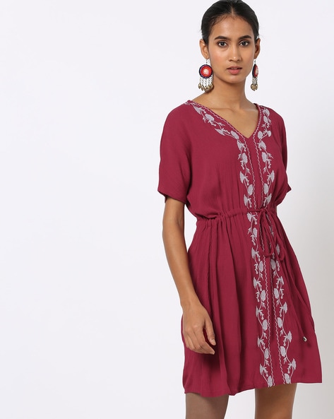 V-neck Embroidered Dress with Tie-Up