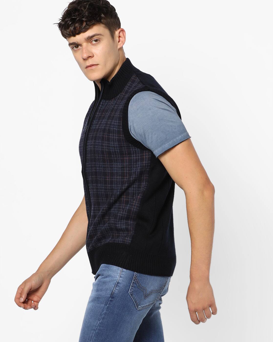 Buy NETWORK Checked Sleeveless Zip-Front Sweater Online | Ajio.com