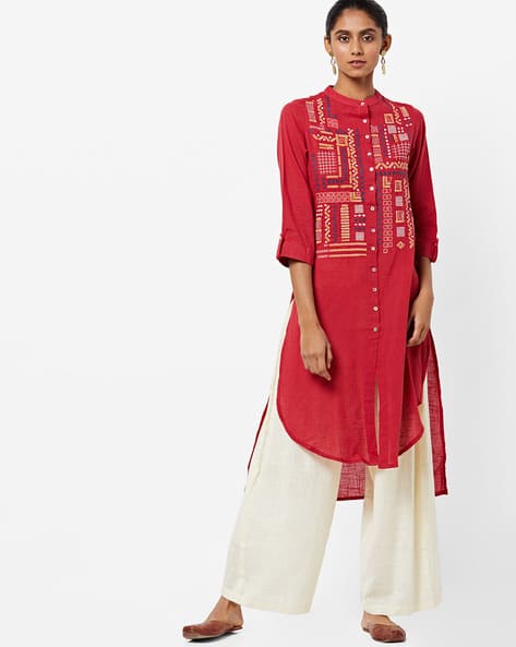 Embroidered Straight Tunic With Mandarin Collar By Global Desi ( Red )