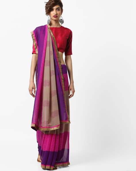 Printed Chiffon Saree With Zari Border By Florence ( Multi )