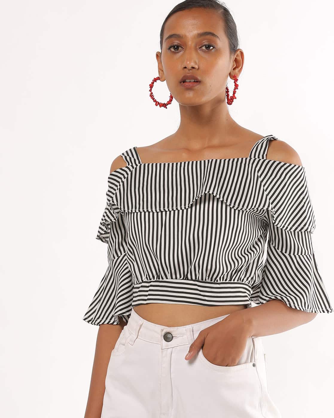 white cold shoulder crop top