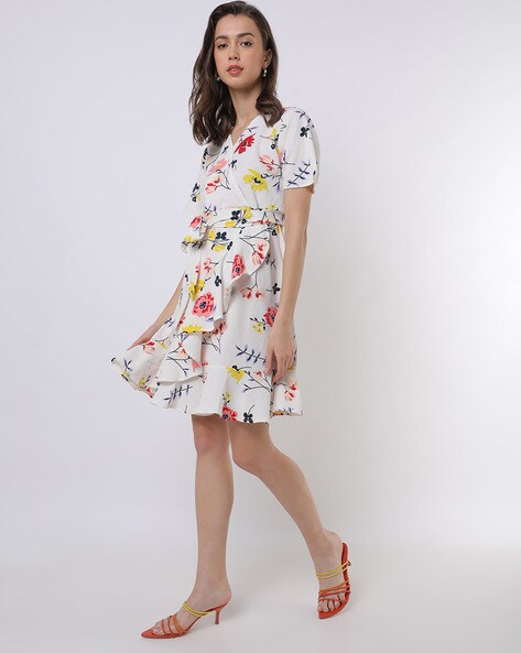 Floral Print A-line Wrap Dress