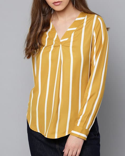 Striped V-neck Top with Buttoned Cuffs
