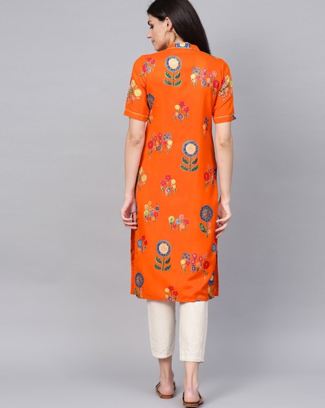 Buy Rain & Rainbow Women Cream and Red Floral Printed Pure Cotton Mandarin Collar  Kurti online