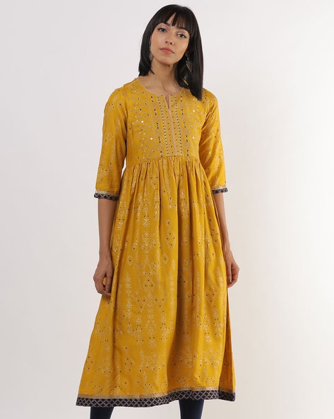 Embroidered Flared Kurta with Contrast Trims