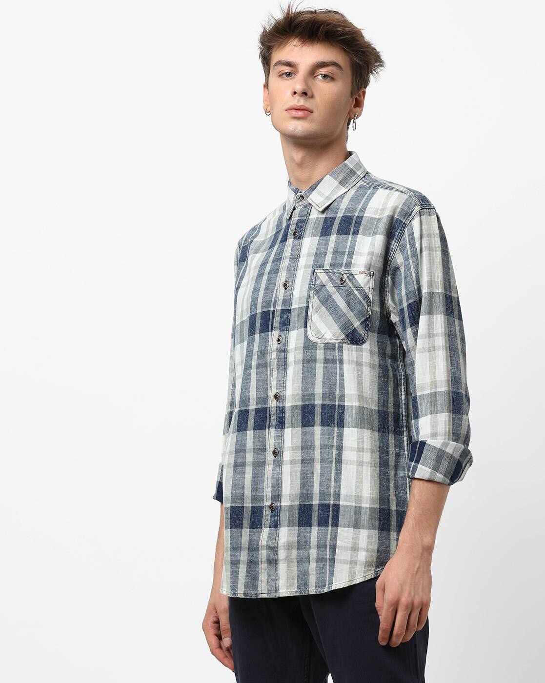 checked slim fit shirt with patch pocket