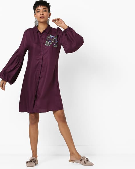Drop-Shoulder Shirt Dress With Bishop Sleeves By AJIO ( Purple )
