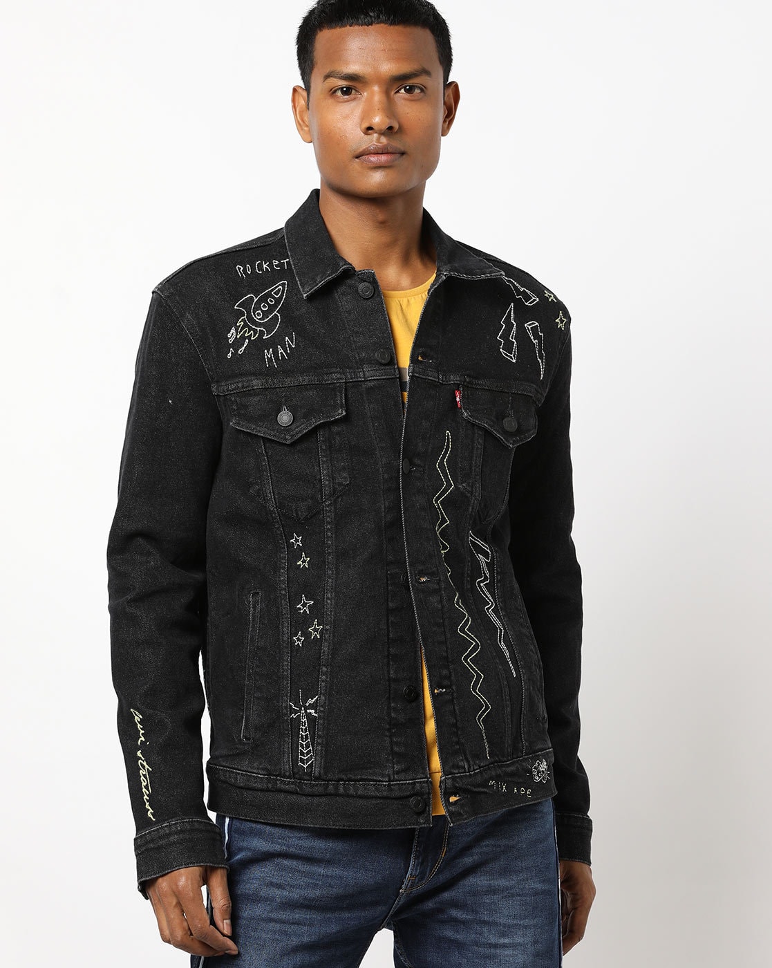 ASOS DESIGN denim jacket with fleece collar in black - ShopStyle