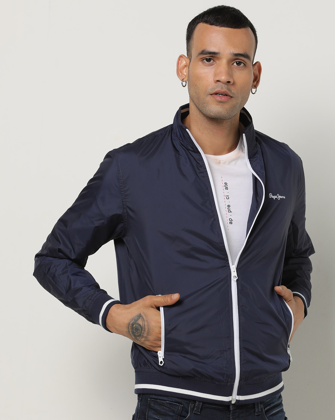 Slim Fit Zip Front Bomber Jacket with Typography