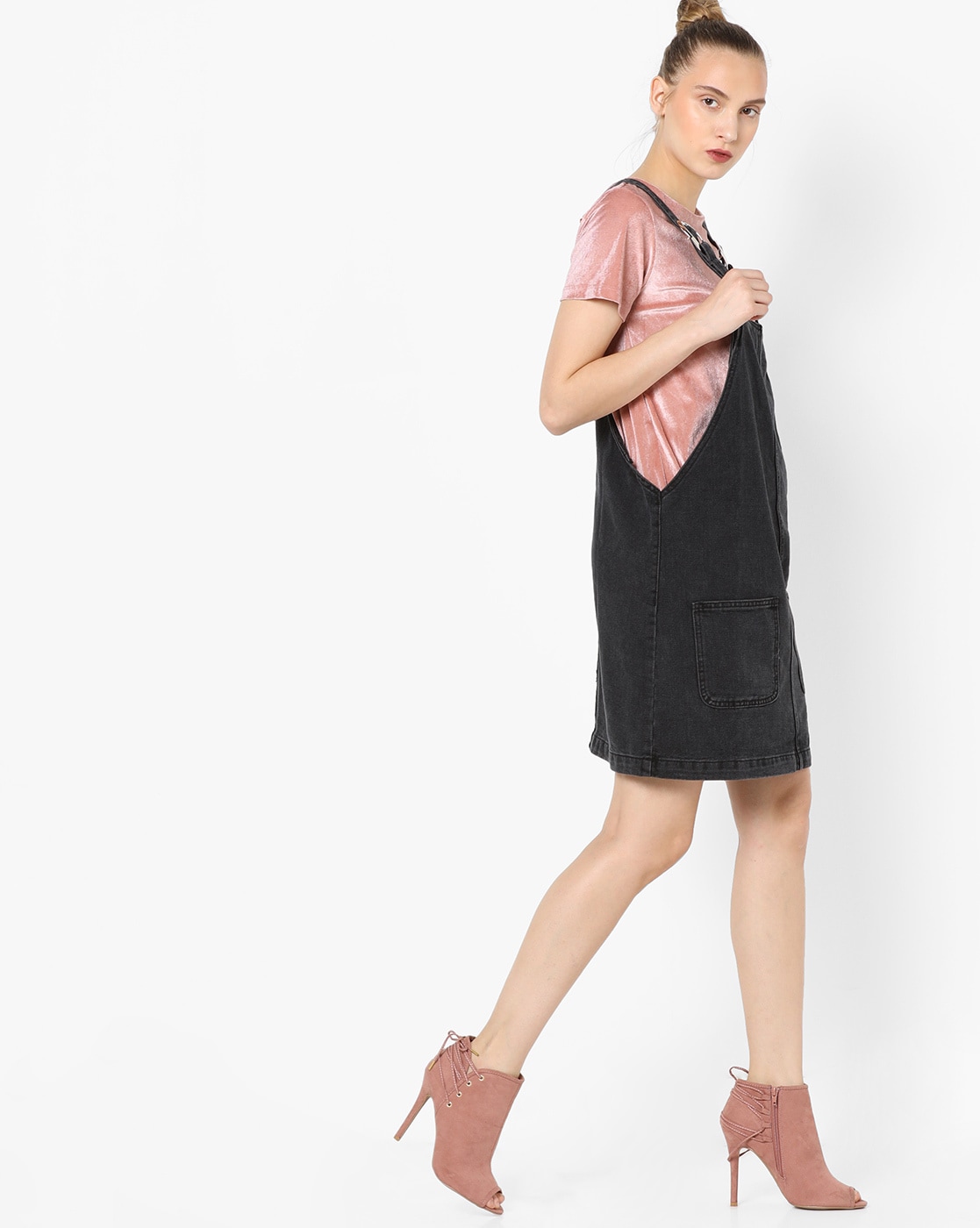 Only Petite denim pinafore dress in washed black | ASOS