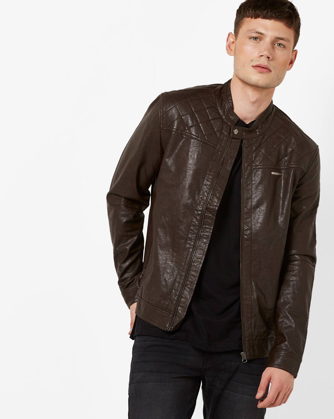 Textured Zip Front Biker Jacket