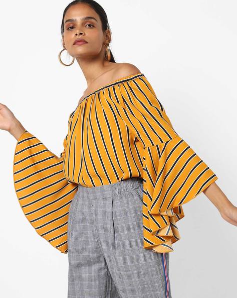 yellow off the shoulder shirt