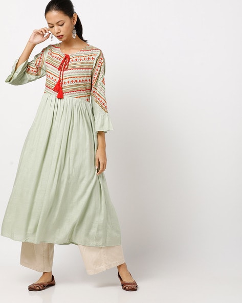 Embroidered Flared Kurta with Tassel Tie-Up