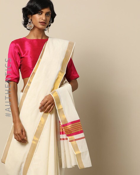 Indie Picks White & Gold Traditional Anand Kerala Kasavu Cotton Saree with Zari Border