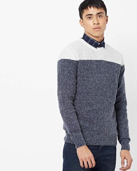 Colourblock Crew-Neck Pullover By AJIO ( Blue ) - 460186343001