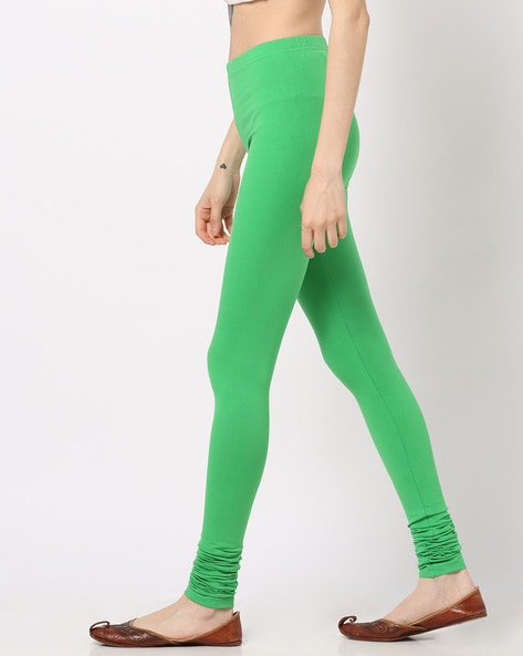 Morrio Natural Green Cotton Lycra Churidar Legging,Medium for Women
