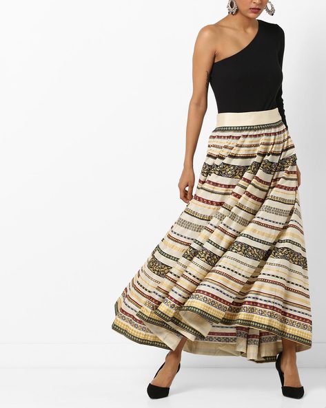 W Variegated Stripe Flared Maxi Skirt