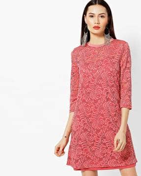 A-line Lace Dress with Ribbed Neckline