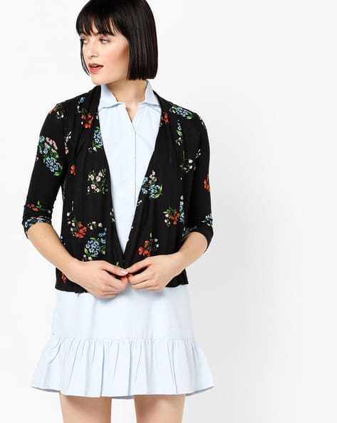 Open-Front Floral Print Shrug By CODE By Lifestyle ( Black )