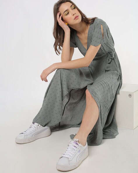 Floral Print Wrap Maxi Dress with Slit Sleeves