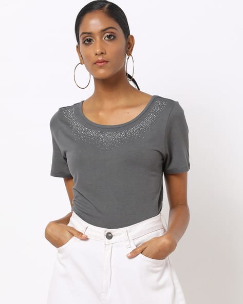 Round-Neck T-shirt with Embellished Neckline