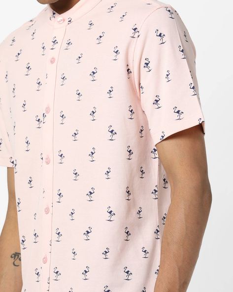 Flamingo Print Shirt with Mandarin Collar