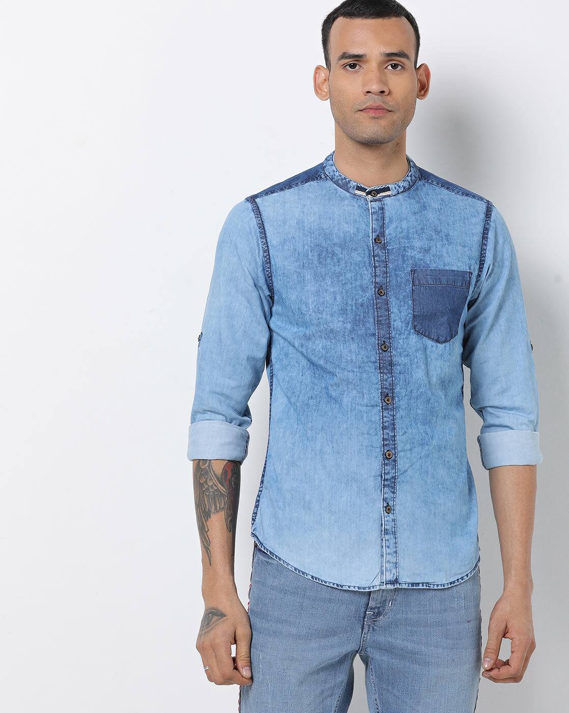 band collar denim shirt