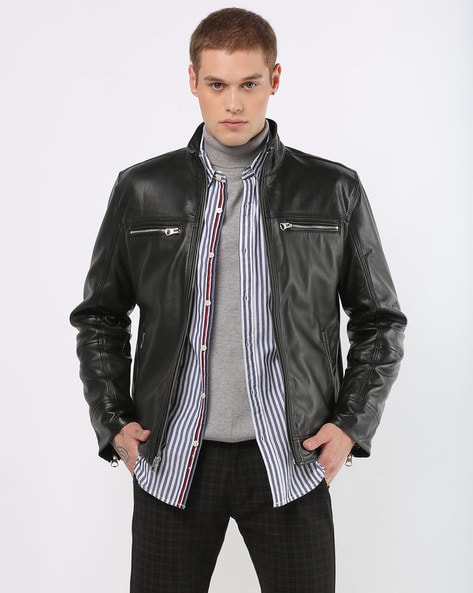 high neck t shirt with leather jacket