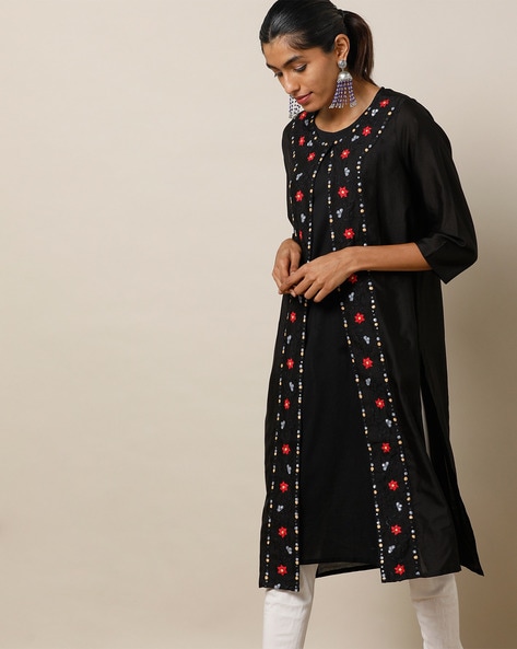 project eve black floral embroidered kurta with inner